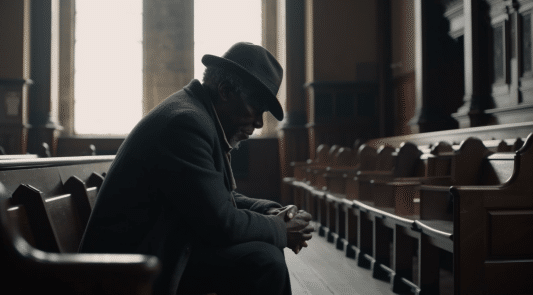 A Man Sits In A Pew In Prayer To Demonstrate Finding Comfort In Faith During Grief
