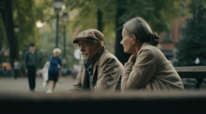A Shot Of A Man And Woman Sat Together Outside Under Green Trees To Demonstrate Supporting A Loved One, The Man Is Contemplating.